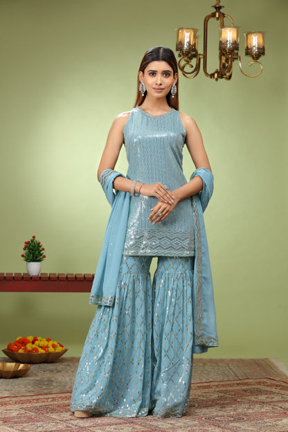 Pastel Blue  Sequence Worked Palazzo Set