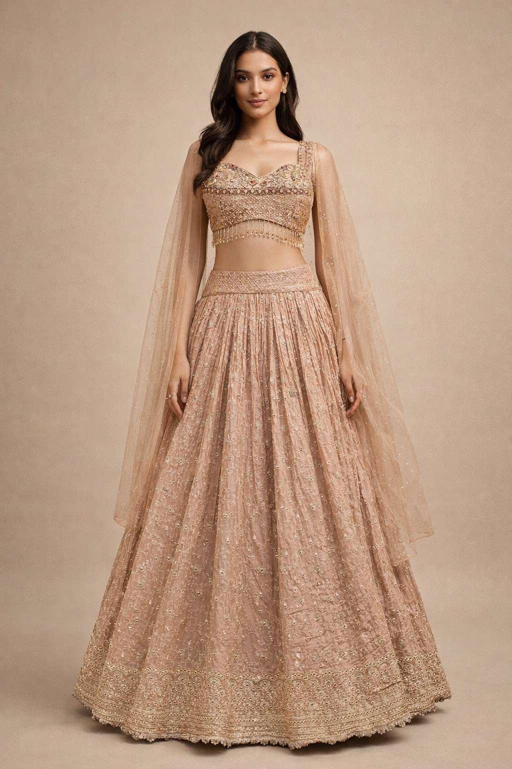 Peach Beige and Gold Embroidered Designer Lehenga Choli with Net Dupatta