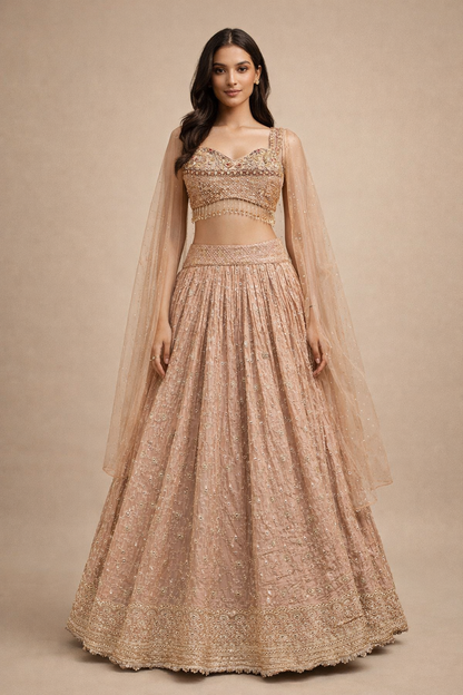 Peach Beige and Gold Embroidered Designer Lehenga Choli with Net Dupatta