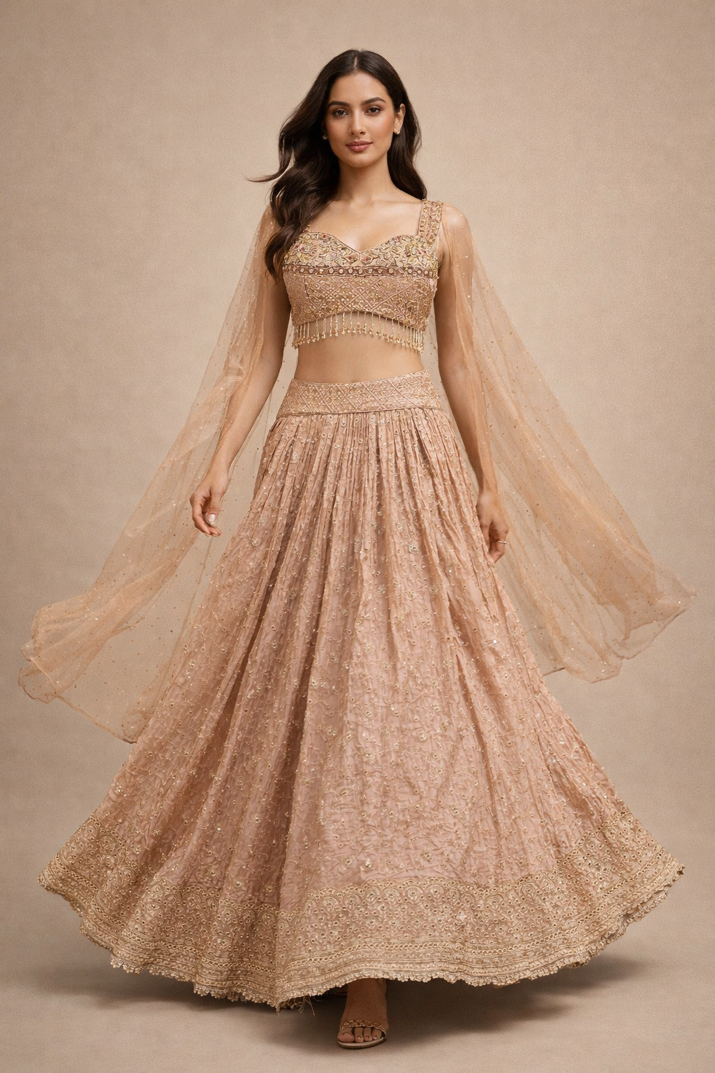 Peach Beige and Gold Embroidered Designer Lehenga Choli with Net Dupatta
