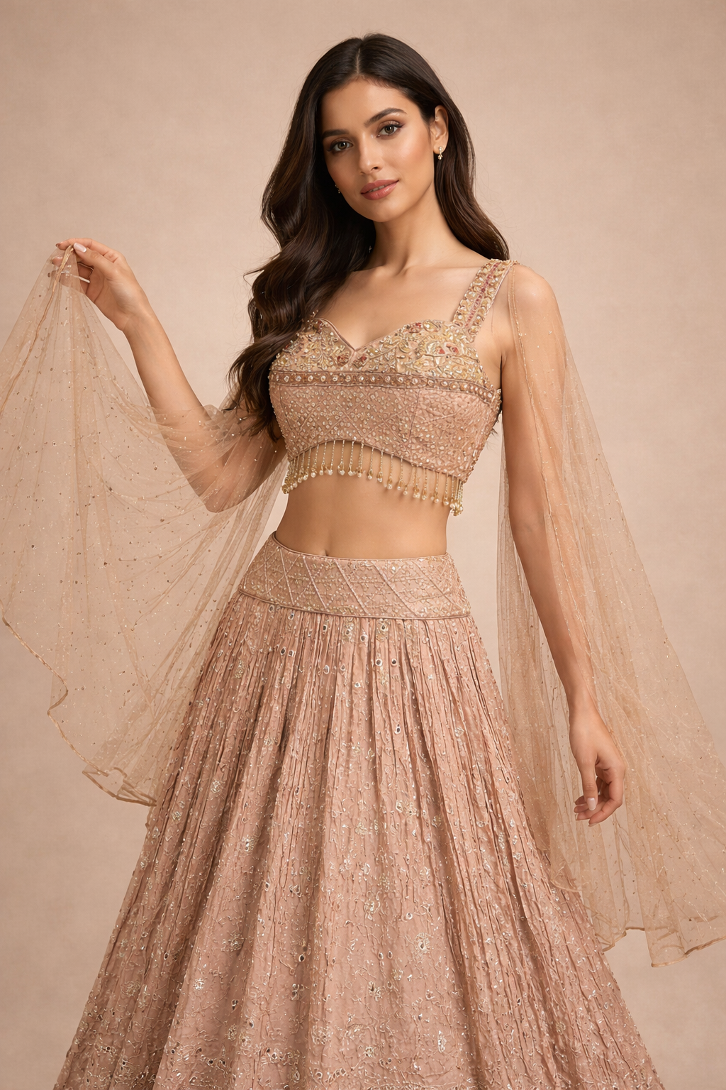 Peach Beige and Gold Embroidered Designer Lehenga Choli with Net Dupatta