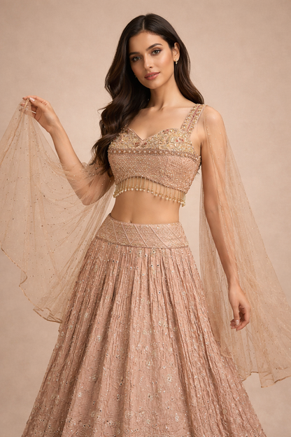 Peach Beige and Gold Embroidered Designer Lehenga Choli with Net Dupatta