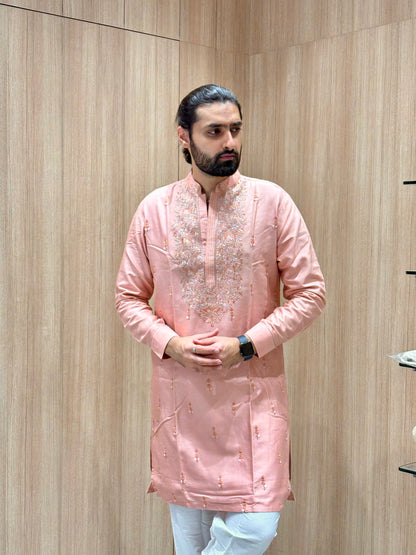 Peach Embroidered Kurta with White Pajama and Delicate Thread Work