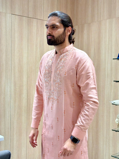 Peach Embroidered Kurta with White Pajama and Delicate Thread Work