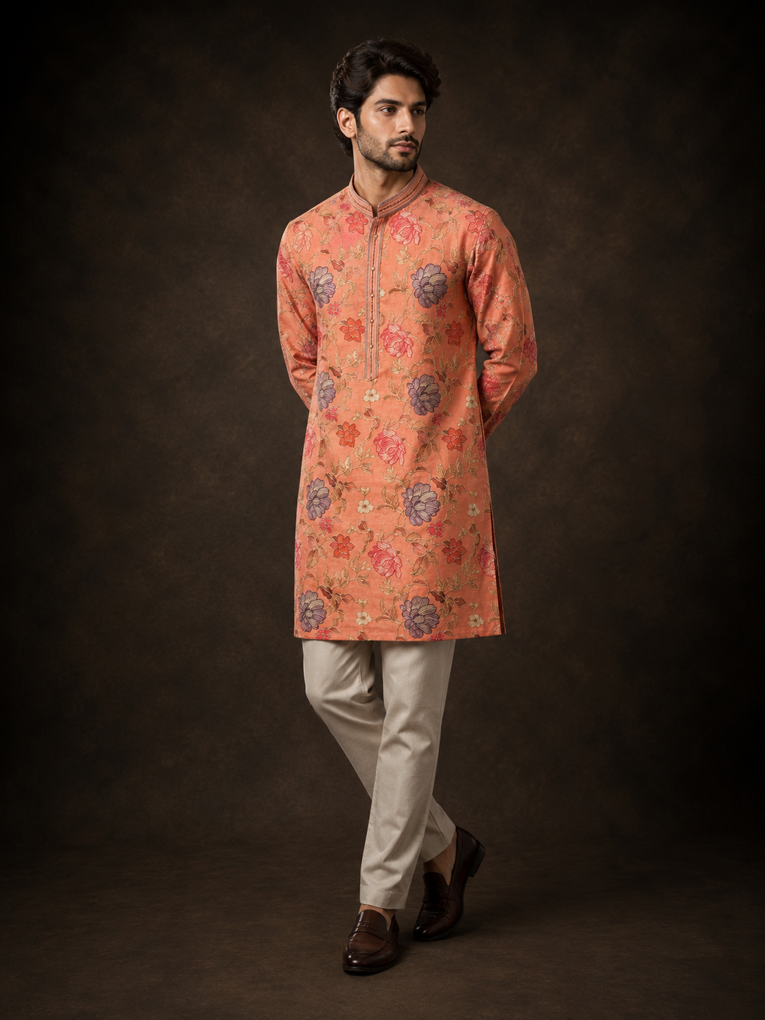 Peach Floral Printed Kurta for Men with Botanical Designer Print and Mandarin Collar