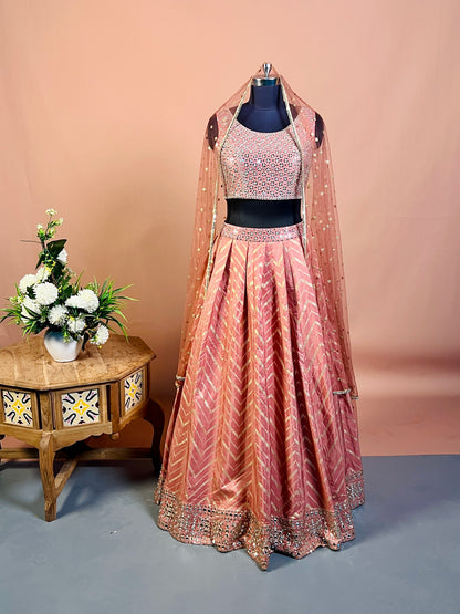 Peach Mirror Embroidered Lehenga Set with Net Dupatta