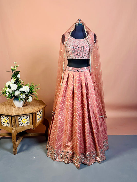 Peach Mirror Embroidered Lehenga Set with Net Dupatta