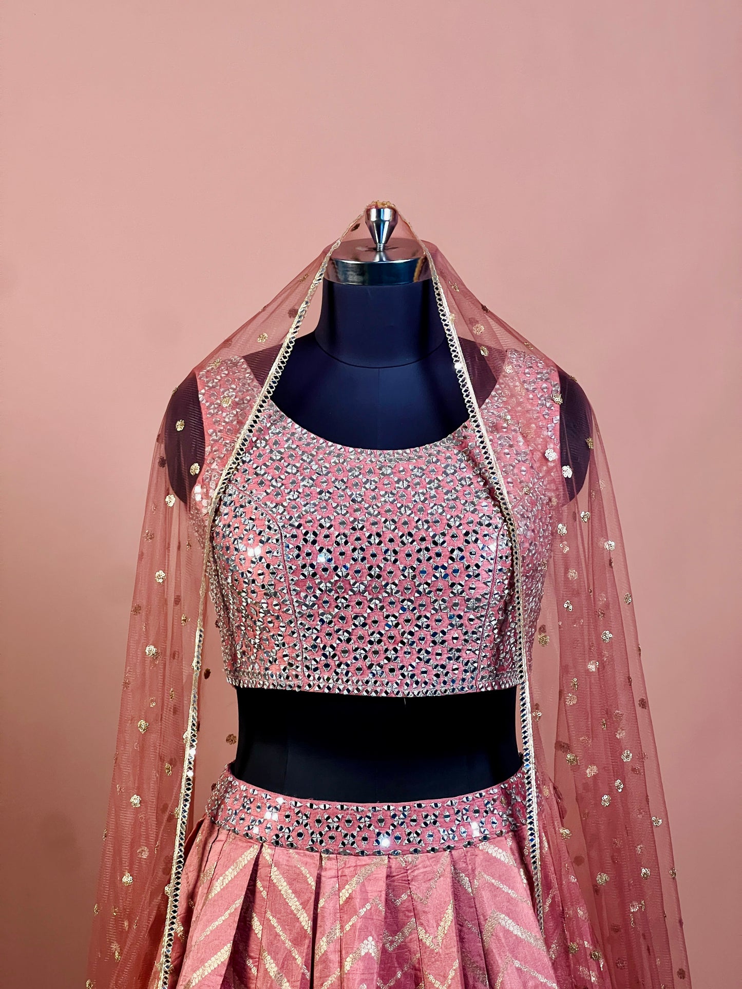 Peach Mirror Embroidered Lehenga Set with Net Dupatta