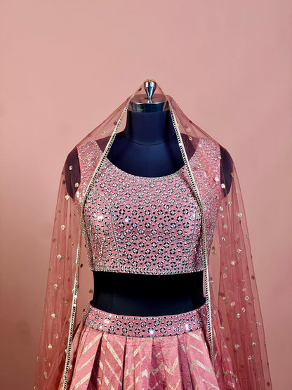 Peach Mirror Embroidered Lehenga Set with Net Dupatta