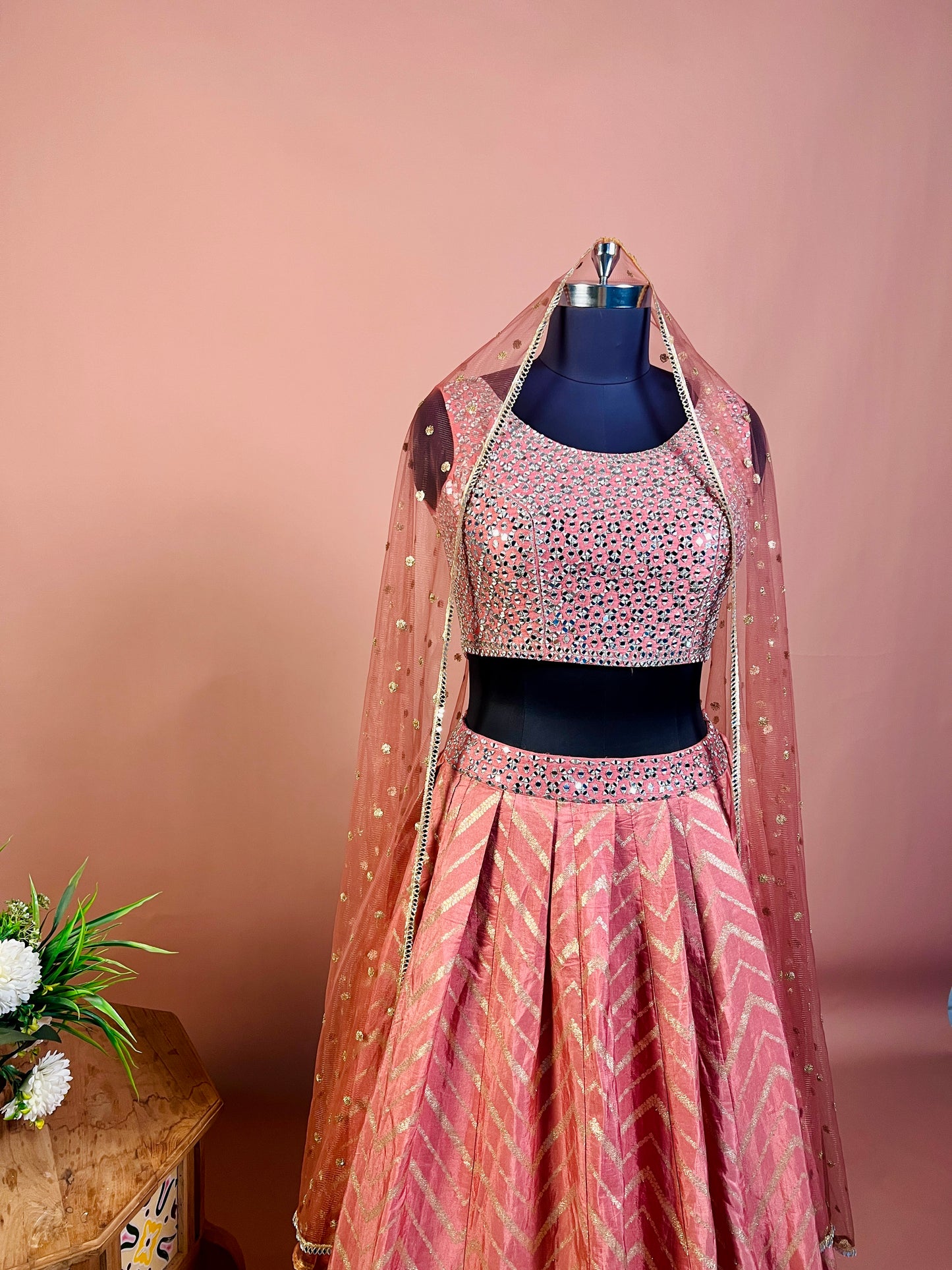 Peach Mirror Embroidered Lehenga Set with Net Dupatta