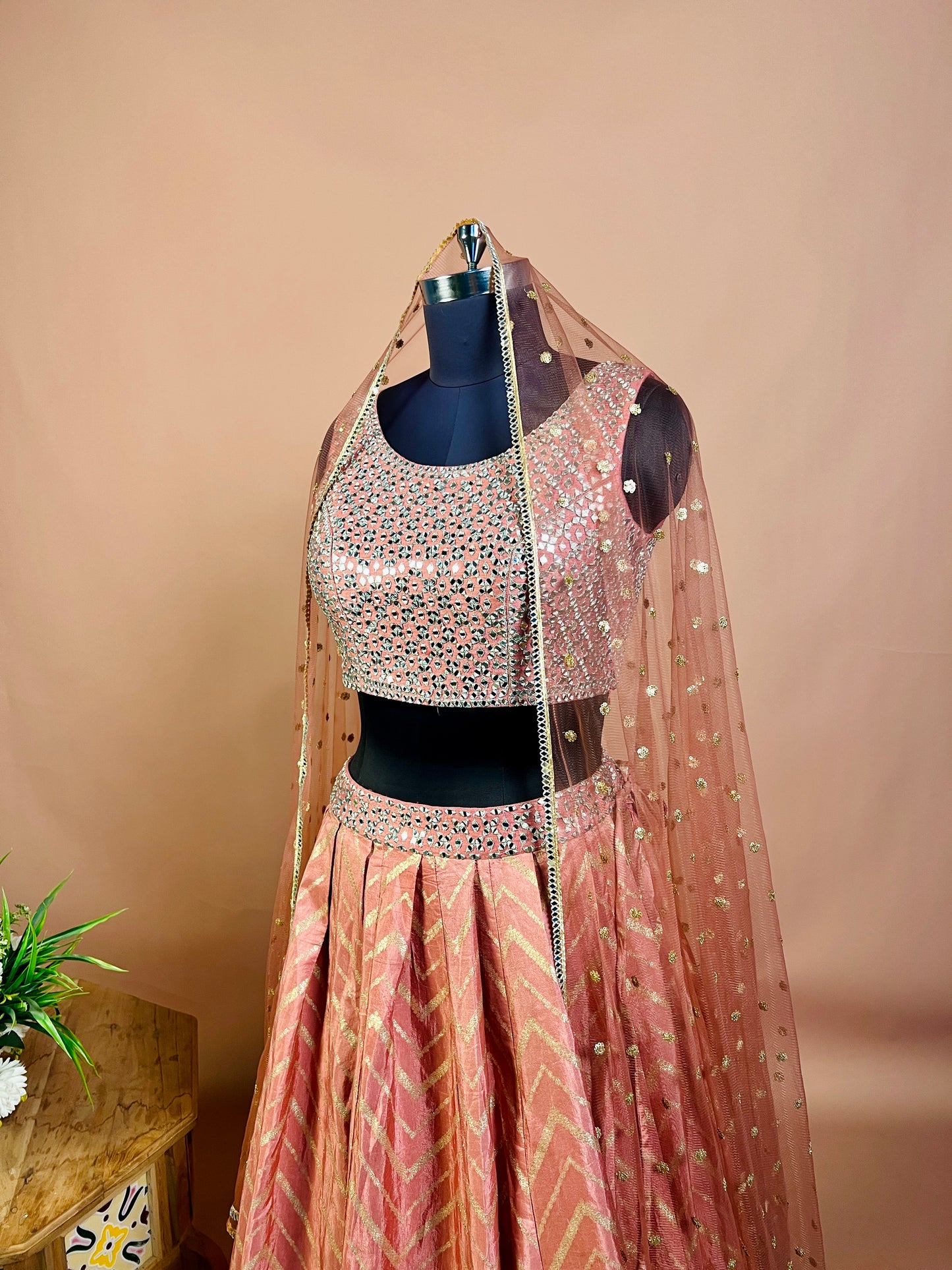 Peach Mirror Embroidered Lehenga Set with Net Dupatta