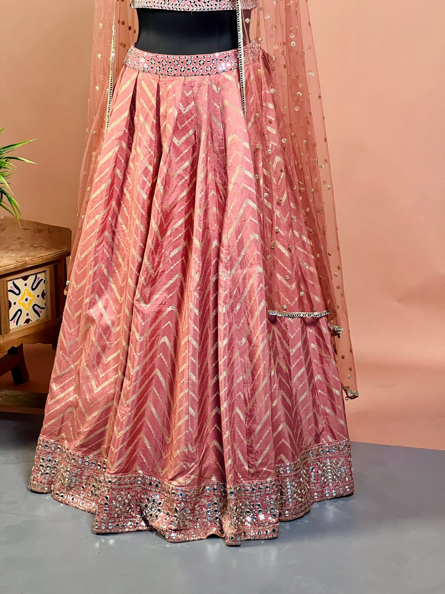 Peach Mirror Embroidered Lehenga Set with Net Dupatta