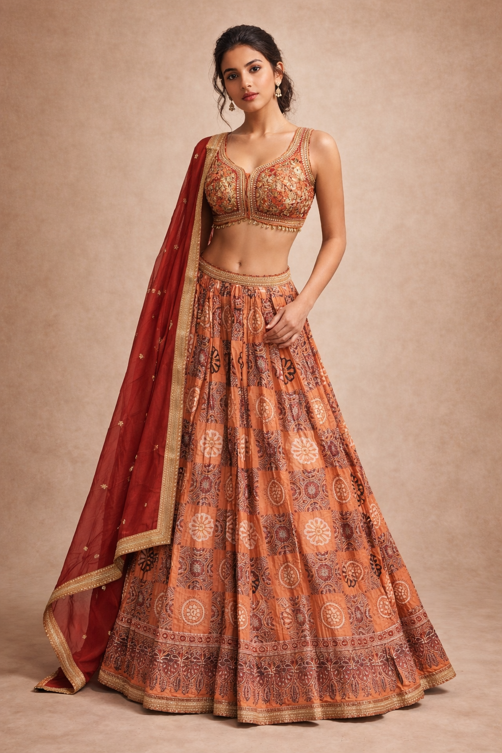 Peach Orange Printed Lehenga Choli