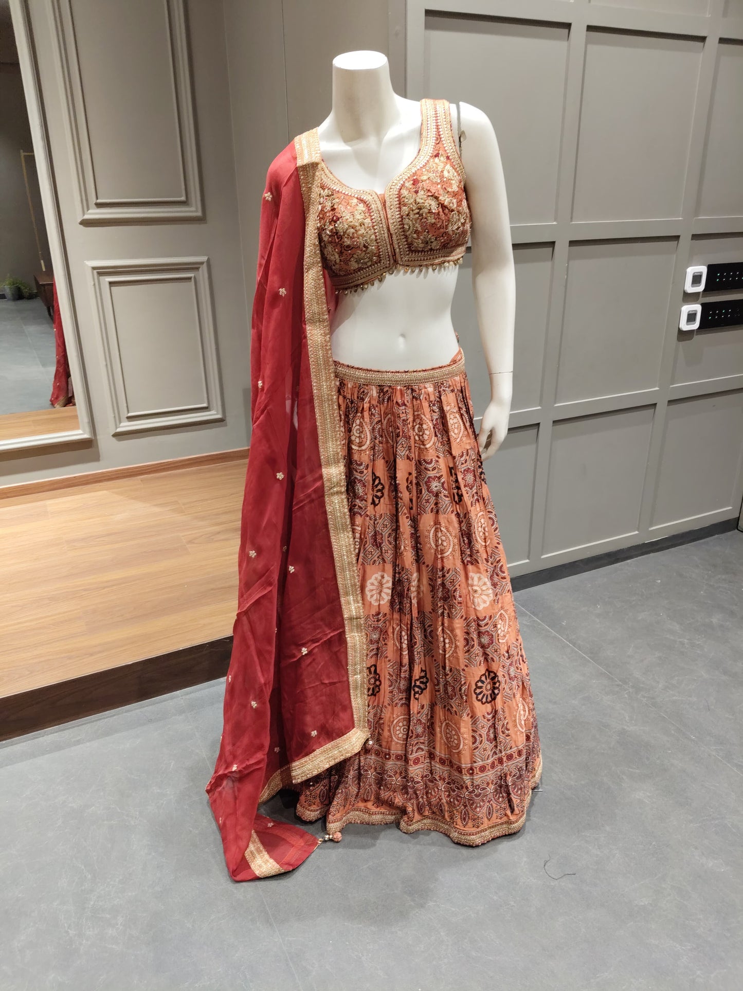 Peach Orange Printed Lehenga Choli
