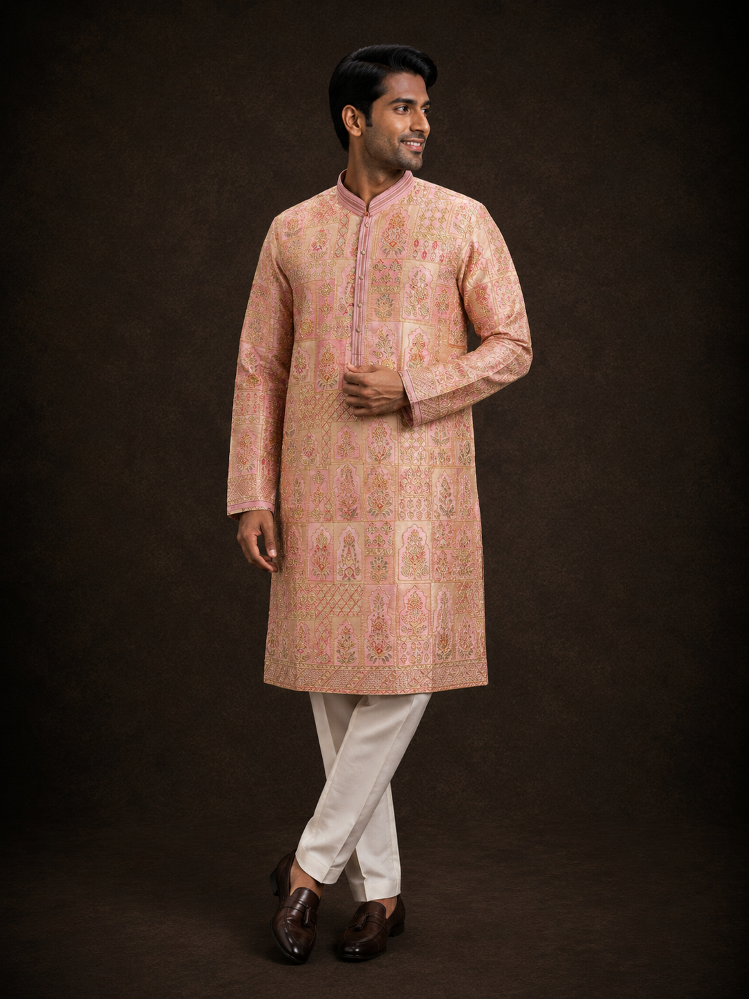 Peach Pink Printed Kurta for Men with Heritage Floral Motif Design