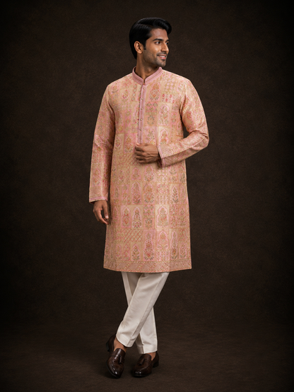 Peach Pink Printed Kurta for Men with Heritage Floral Motif Design