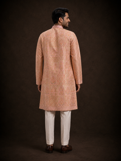 Peach Pink Printed Kurta for Men with Heritage Floral Motif Design