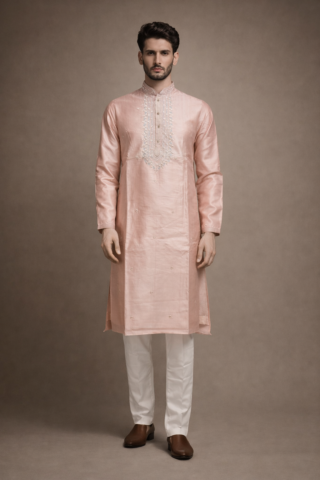 Peach Pink Silk Kurta with White Embroidery