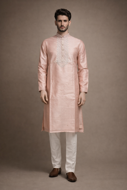 Peach Pink Silk Kurta with White Embroidery