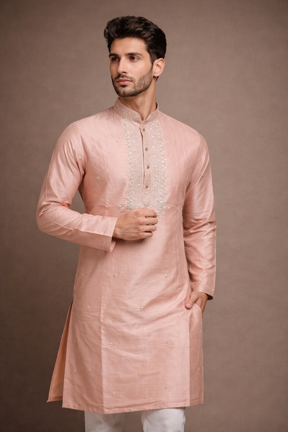 Peach Pink Silk Kurta with White Embroidery