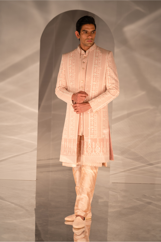 Peach Threadwork Triple-Layered Indo-Western Ensemble