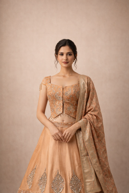 Peach Zari Woven Lehenga Set with Paisley Embroidered Blouse and Banarasi Border
