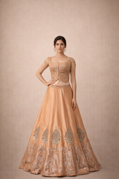 Peach Zari Woven Lehenga Set with Paisley Embroidered Blouse and Banarasi Border