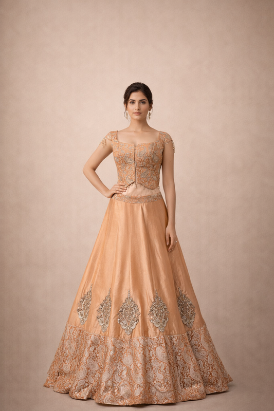 Peach Zari Woven Lehenga Set with Paisley Embroidered Blouse and Banarasi Border