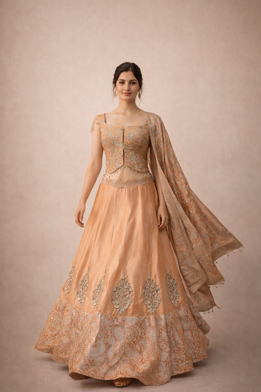 Peach Zari Woven Lehenga Set with Paisley Embroidered Blouse and Banarasi Border