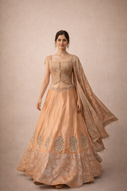 Peach Zari Woven Lehenga Set with Paisley Embroidered Blouse and Banarasi Border
