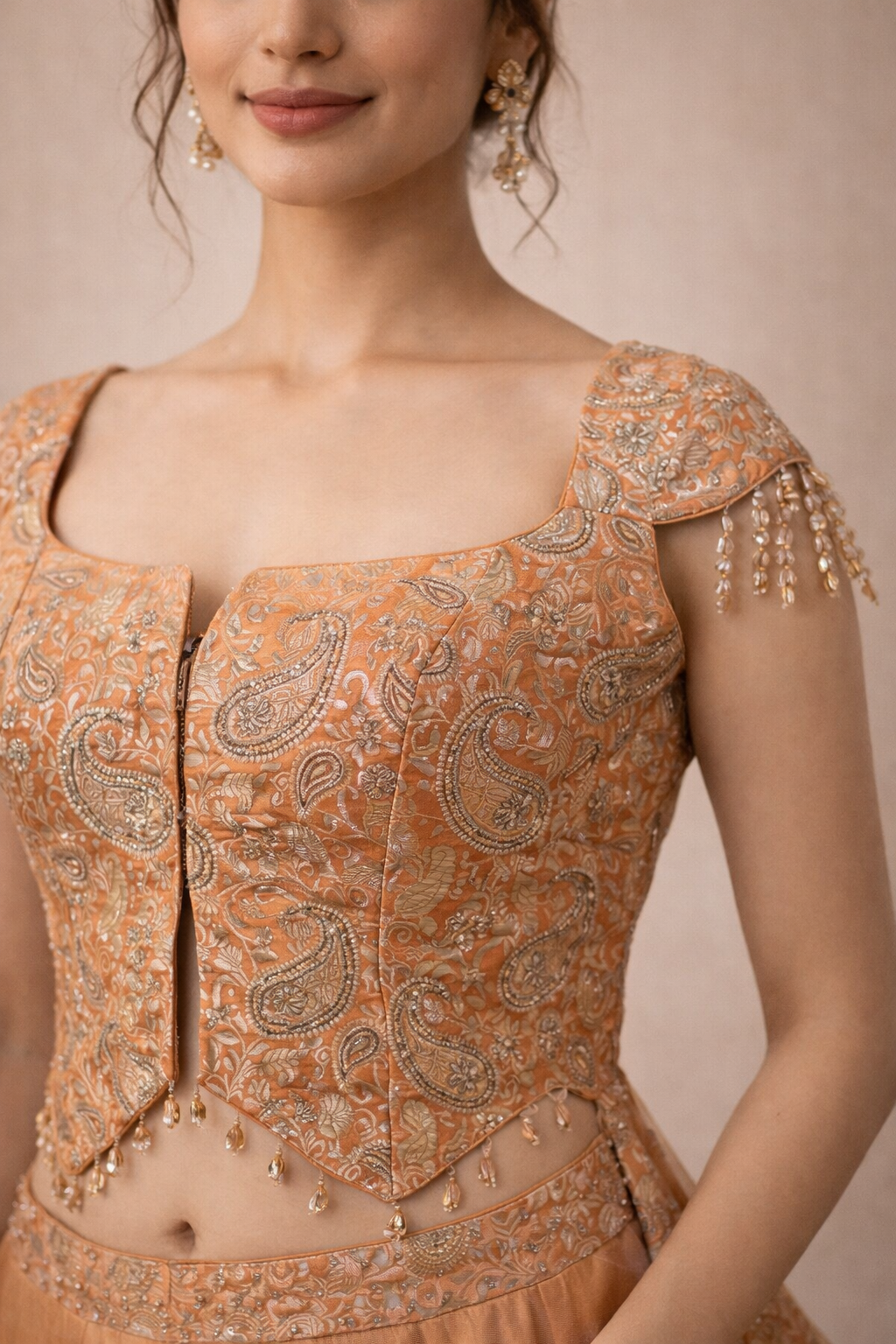 Peach Zari Woven Lehenga Set with Paisley Embroidered Blouse and Banarasi Border