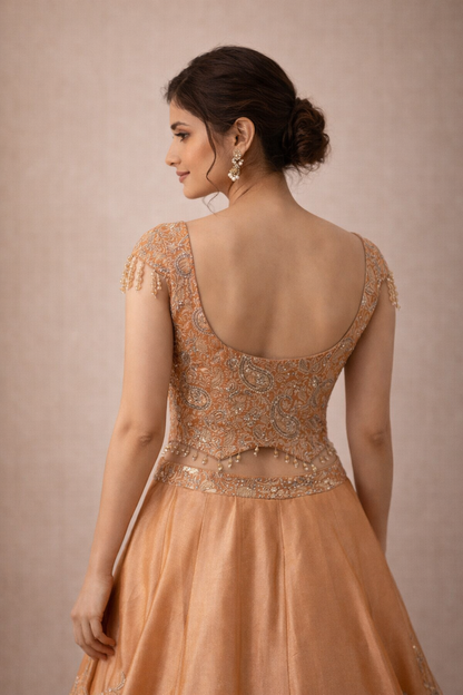 Peach Zari Woven Lehenga Set with Paisley Embroidered Blouse and Banarasi Border