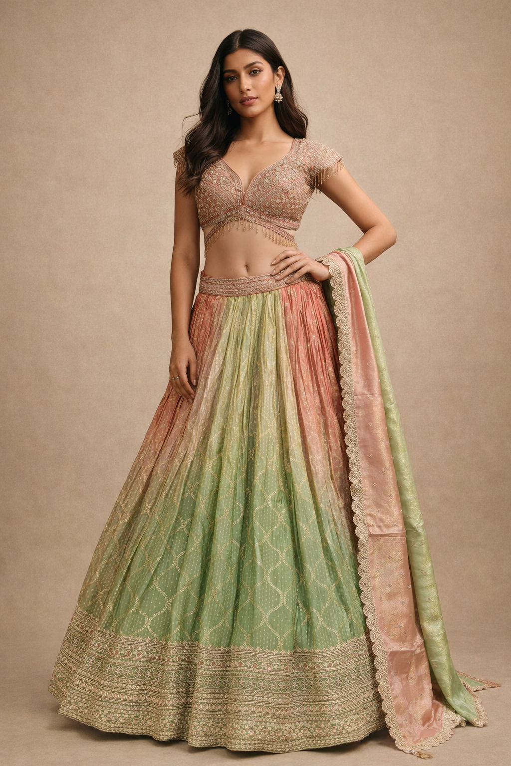 Peach and Pistachio Green Ombre Bridal Lehenga