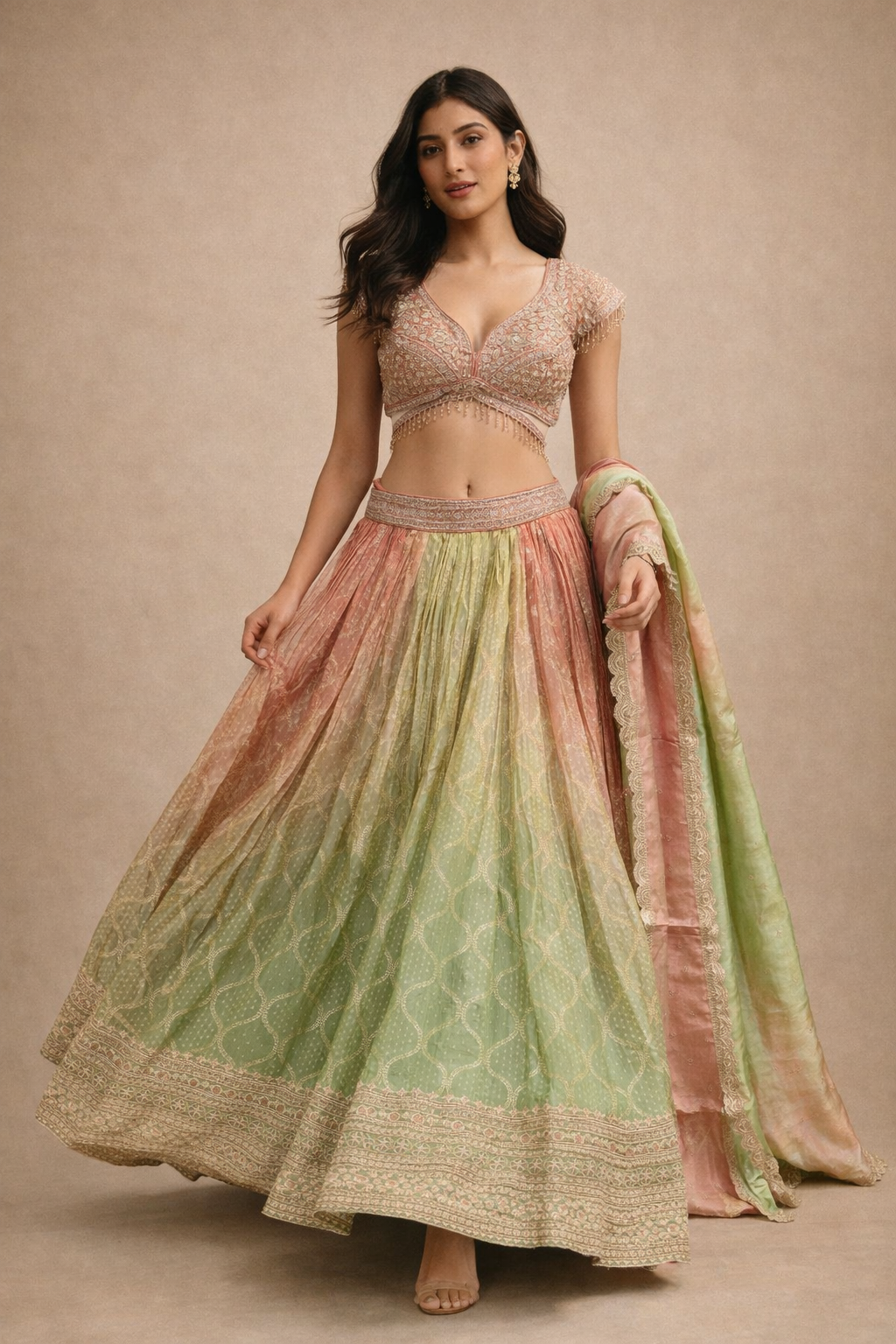 Peach and Pistachio Green Ombre Bridal Lehenga