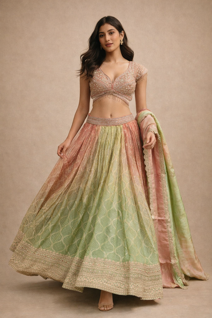 Peach and Pistachio Green Ombre Bridal Lehenga