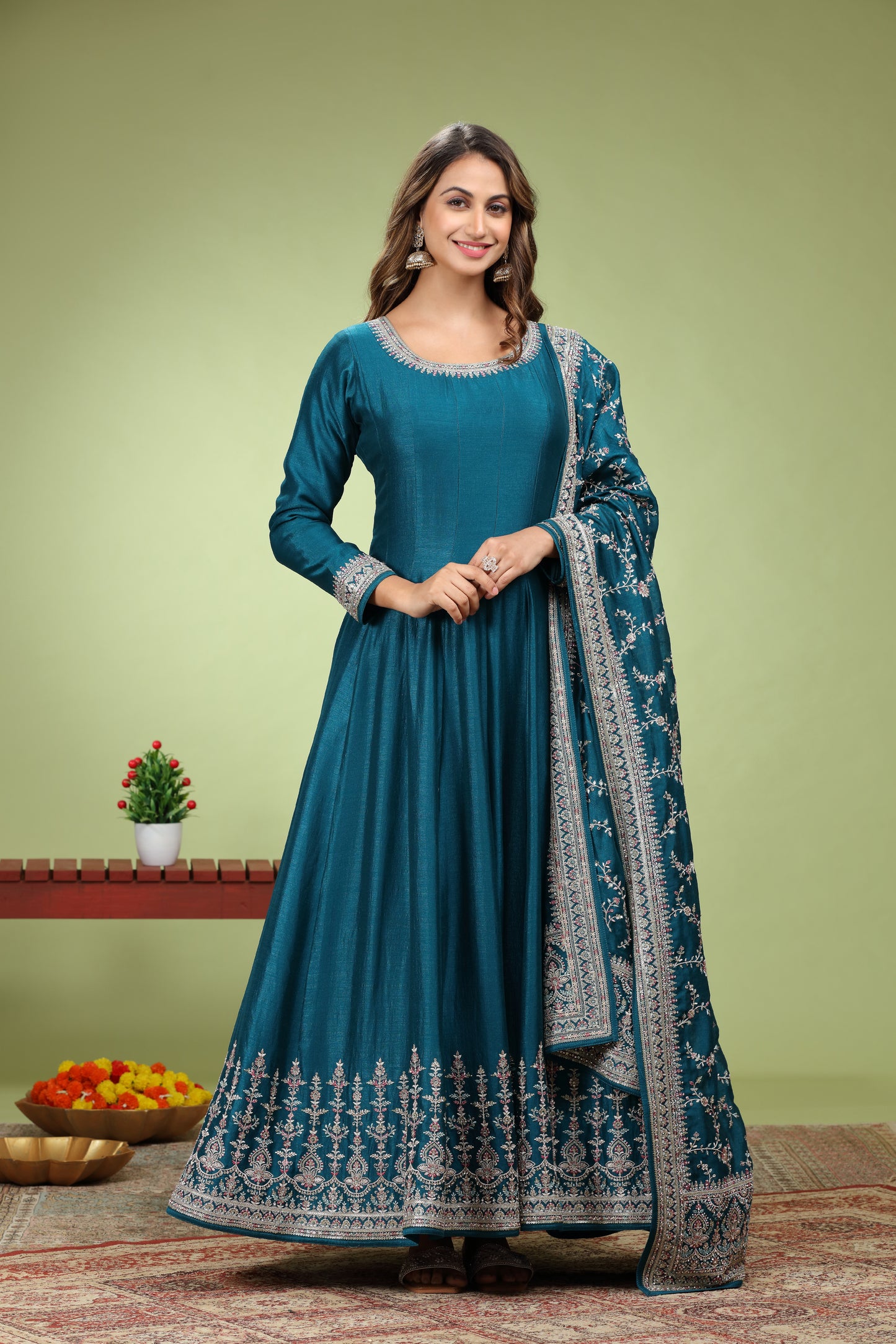 Peacock Blue Zariwork Art Silk Anarkali Suit
