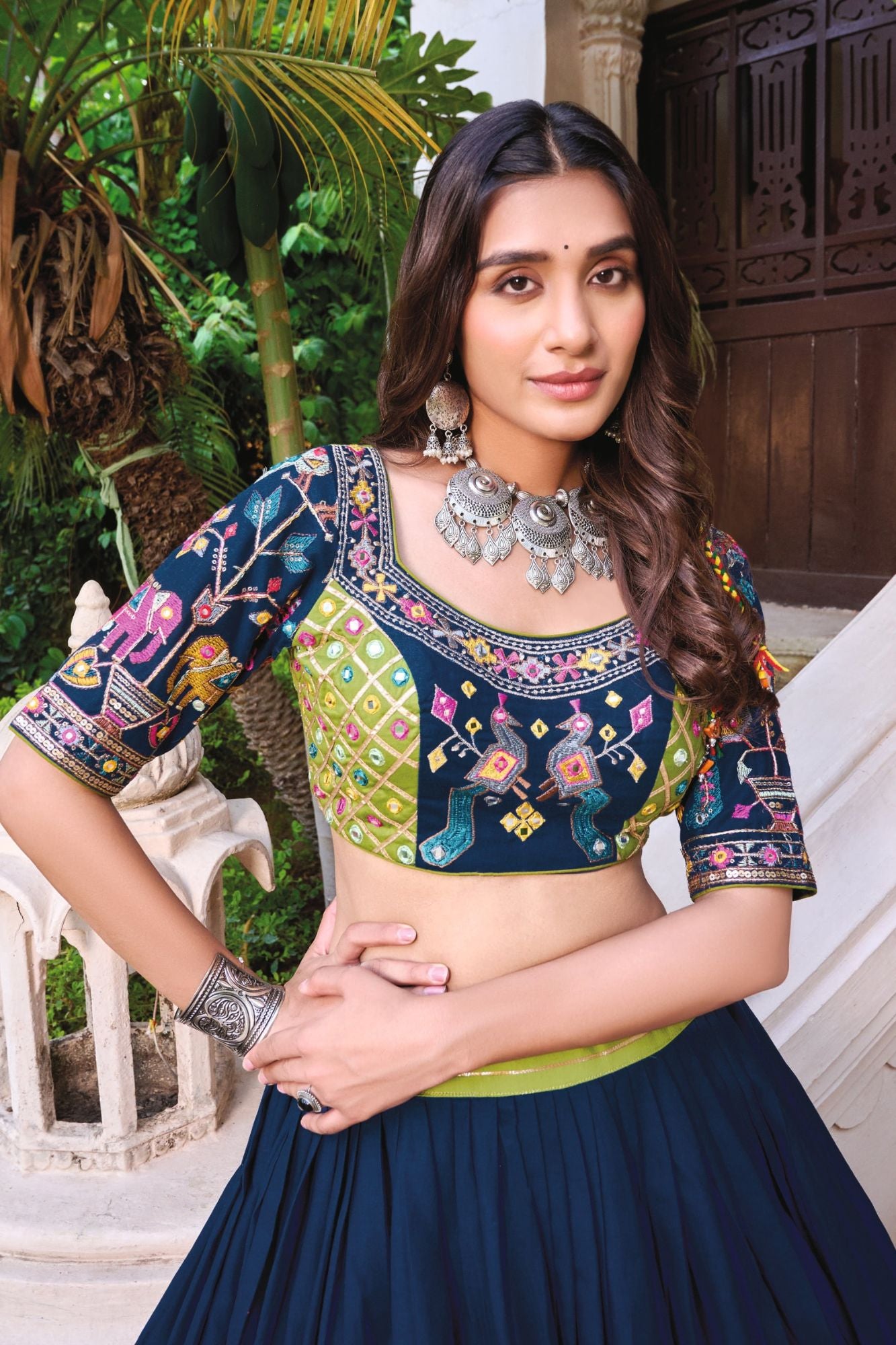 Petrol Blue Gamthi Work Chaniya Choli with Multicolor Blouse