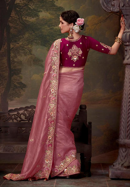 Pink Embroidered Organza Saree Set