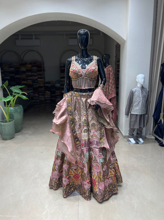 Wine Indian Organza Printed & Embellished Lehenga Set