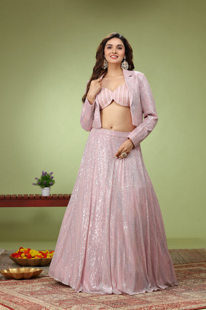 Pink Stone Choli With Sequence Lehenga And Jacket
