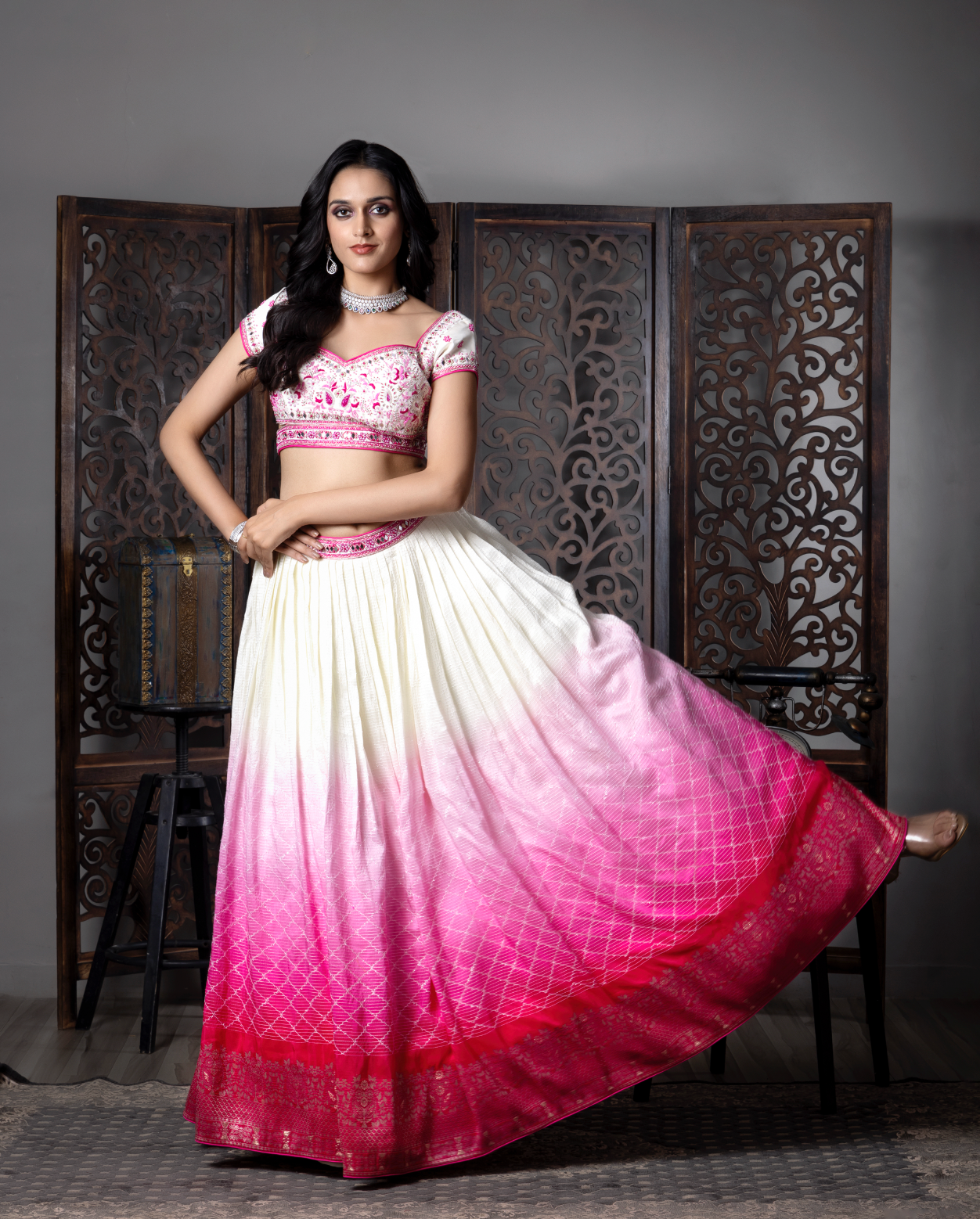 Pink & White Banarasi touch Lehnga Choli