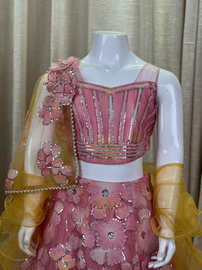Pink & Yellow Floral Embellished Lehenga Set for Girls