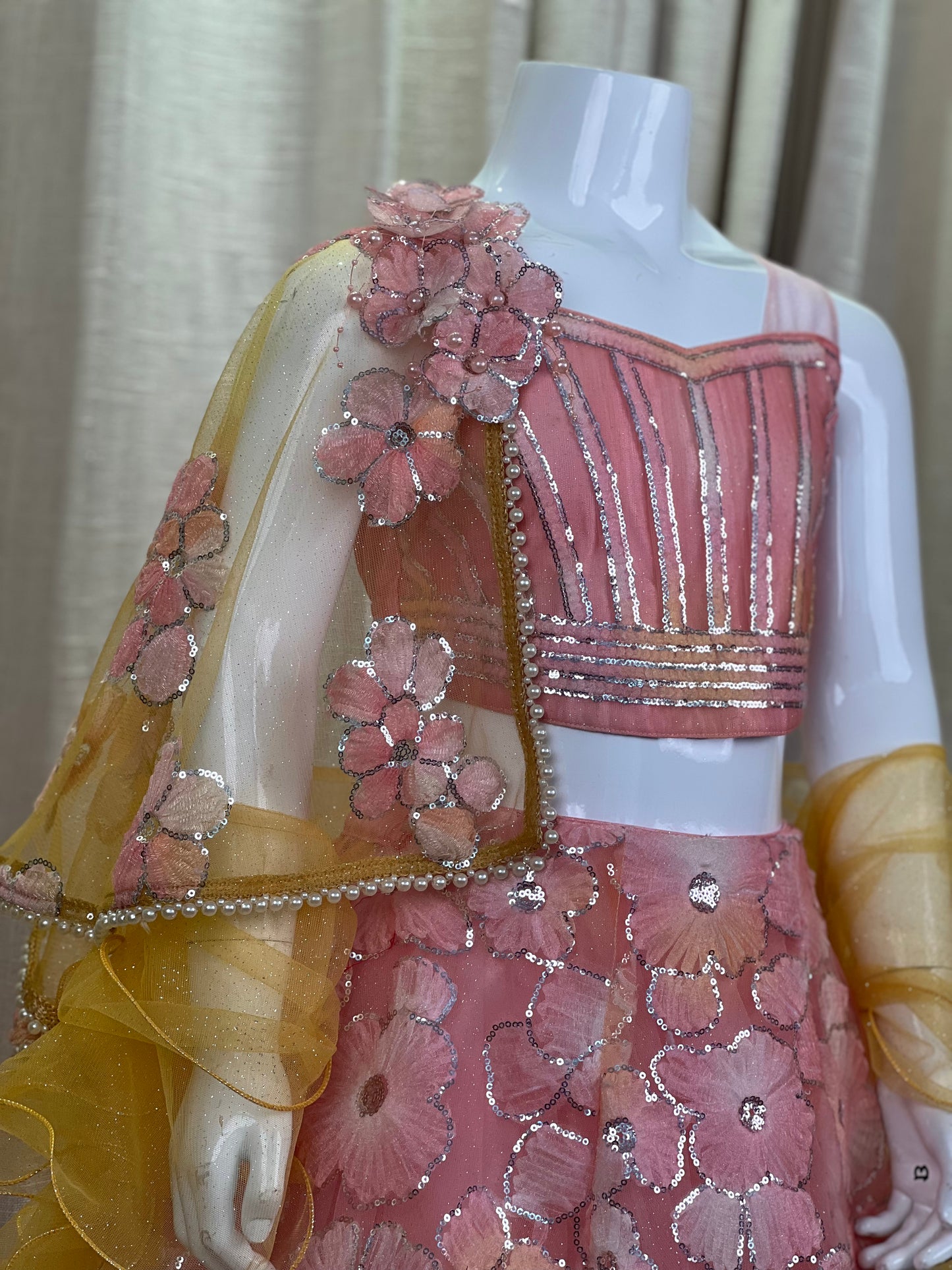 Pink & Yellow Floral Embellished Lehenga Set for Girls