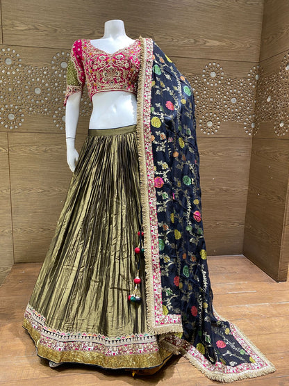 Pink and Olive Green Embroidered Lehenga Set with Metallic Gold Skirt