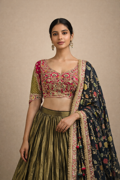 Pink and Olive Green Embroidered Lehenga Set with Metallic Gold Skirt
