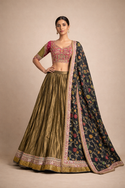Pink and Olive Green Embroidered Lehenga Set with Metallic Gold Skirt