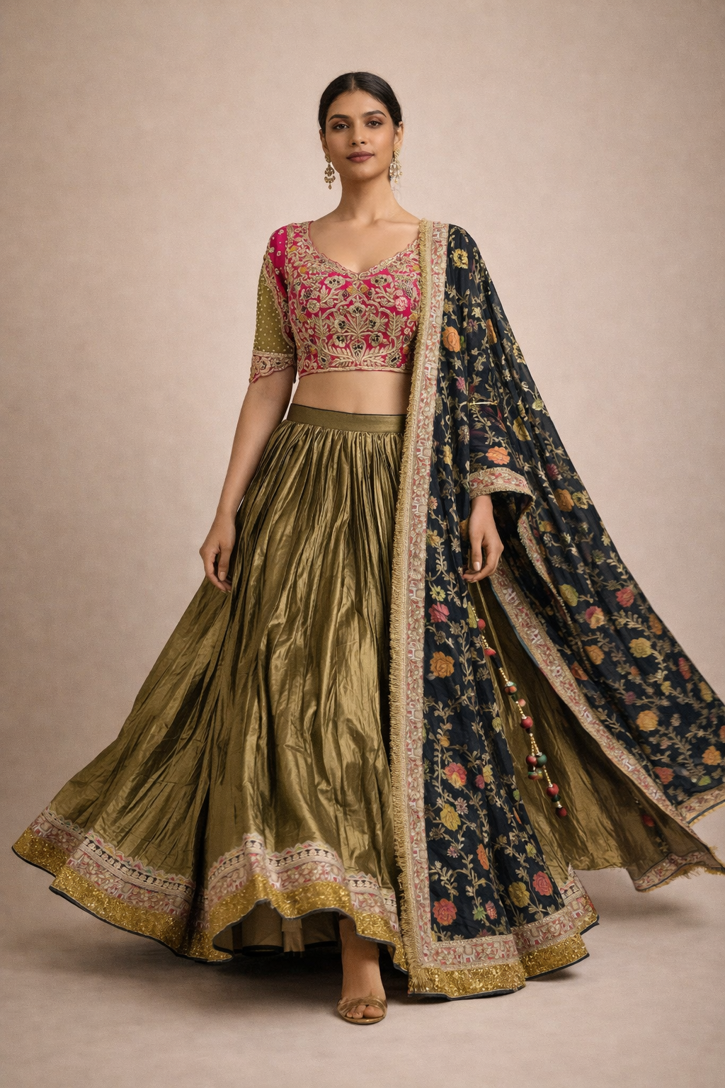 Pink and Olive Green Embroidered Lehenga Set with Metallic Gold Skirt