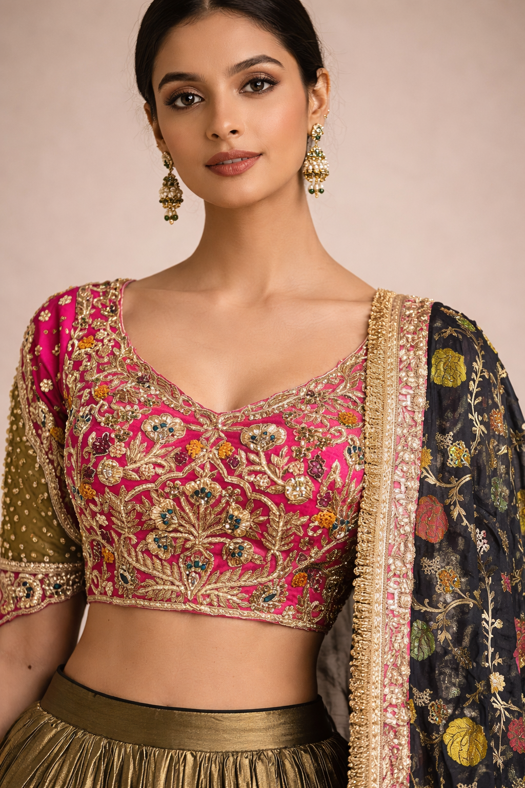 Pink and Olive Green Embroidered Lehenga Set with Metallic Gold Skirt