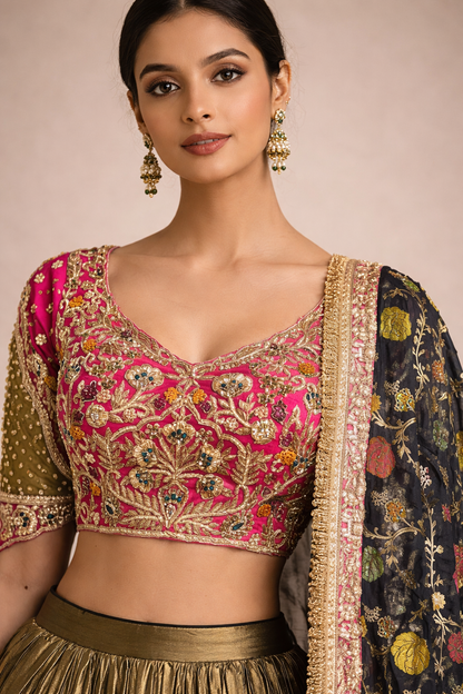 Pink and Olive Green Embroidered Lehenga Set with Metallic Gold Skirt