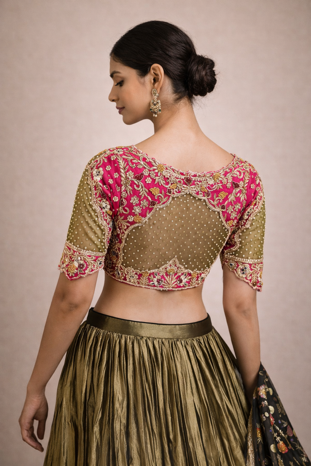 Pink and Olive Green Embroidered Lehenga Set with Metallic Gold Skirt